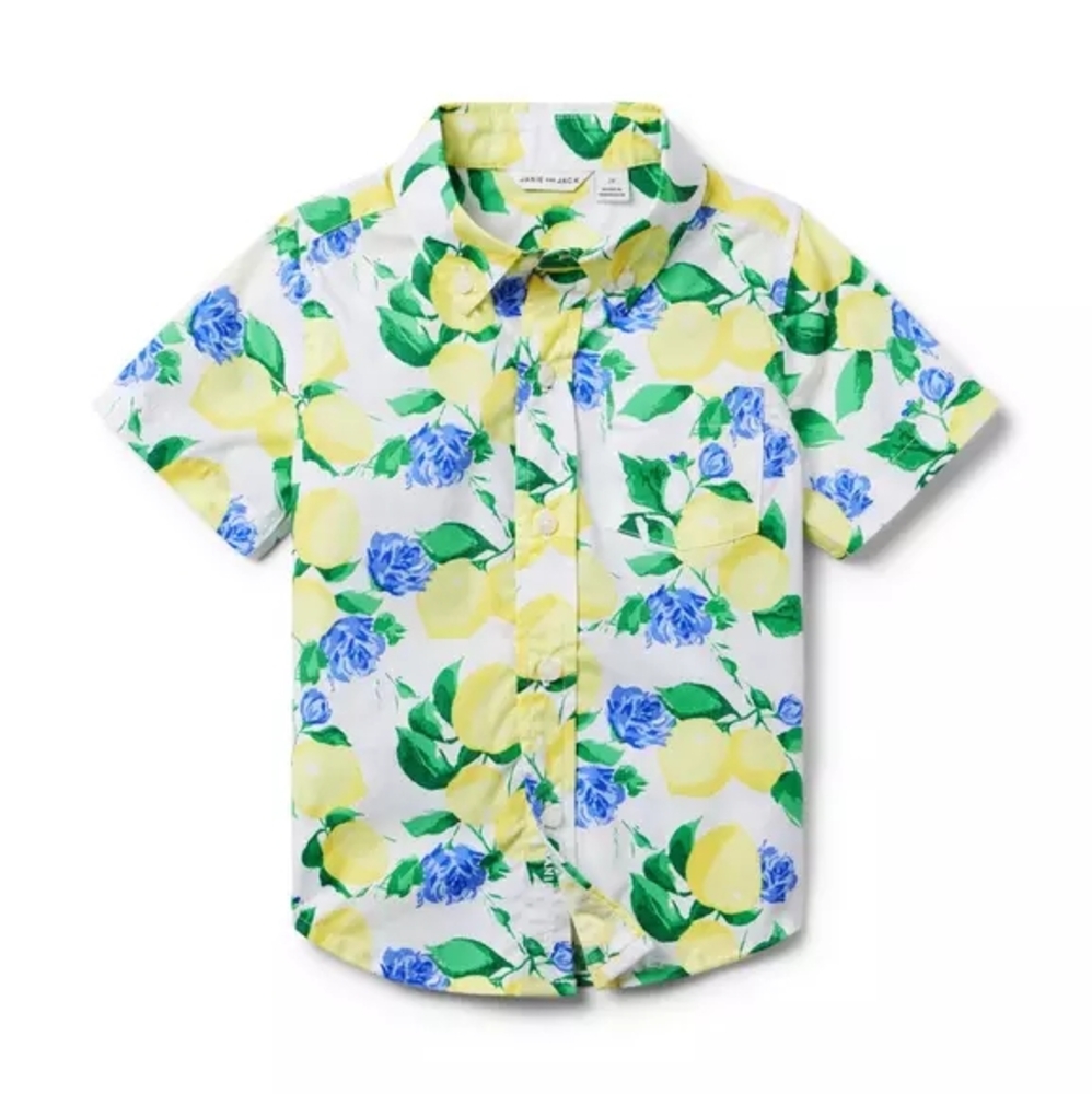 Boys Lemon Print Button UP Shirt - Blue Irises and Yellow Lemons